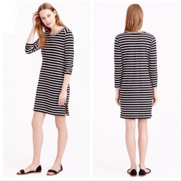 J. CREW S Black & Cream Stripe Double Zipper Dress Small Preppy Academia - Picture 1 of 8